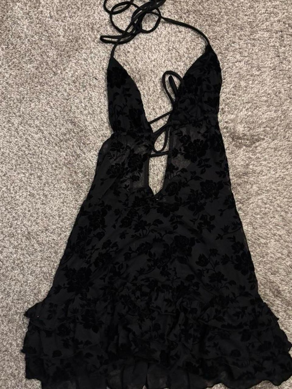 Windsor Black Floral Burnout Halter Tie Mini Dress